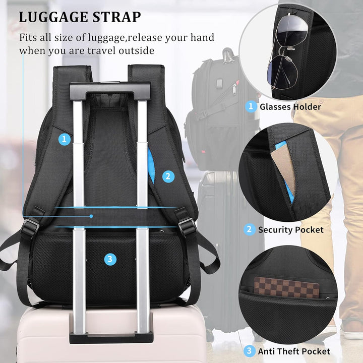 Spacious 50L black laptop backpack with USB port, perfect for travel & outdoor adventures