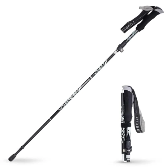 Black automatic retractable hiking stick made from durable alloy steel for trails & trekking.