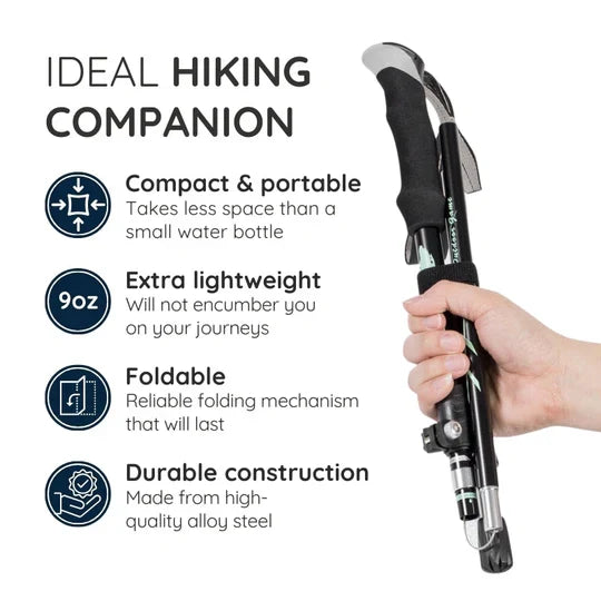 Lightweight alloy steel trekking pole for easy carrying on long hikes. Features automatic retraction.