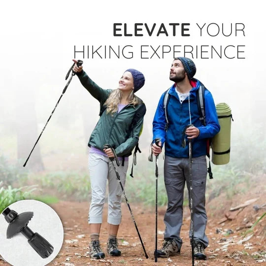 Blue automatic trekking pole, lightweight & retractable for hiking, camping, and trail exploration.