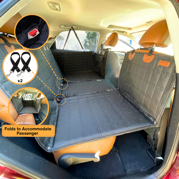 Waterproof black pet backseat extender provides safe, comfortable extra space for dog car travel.