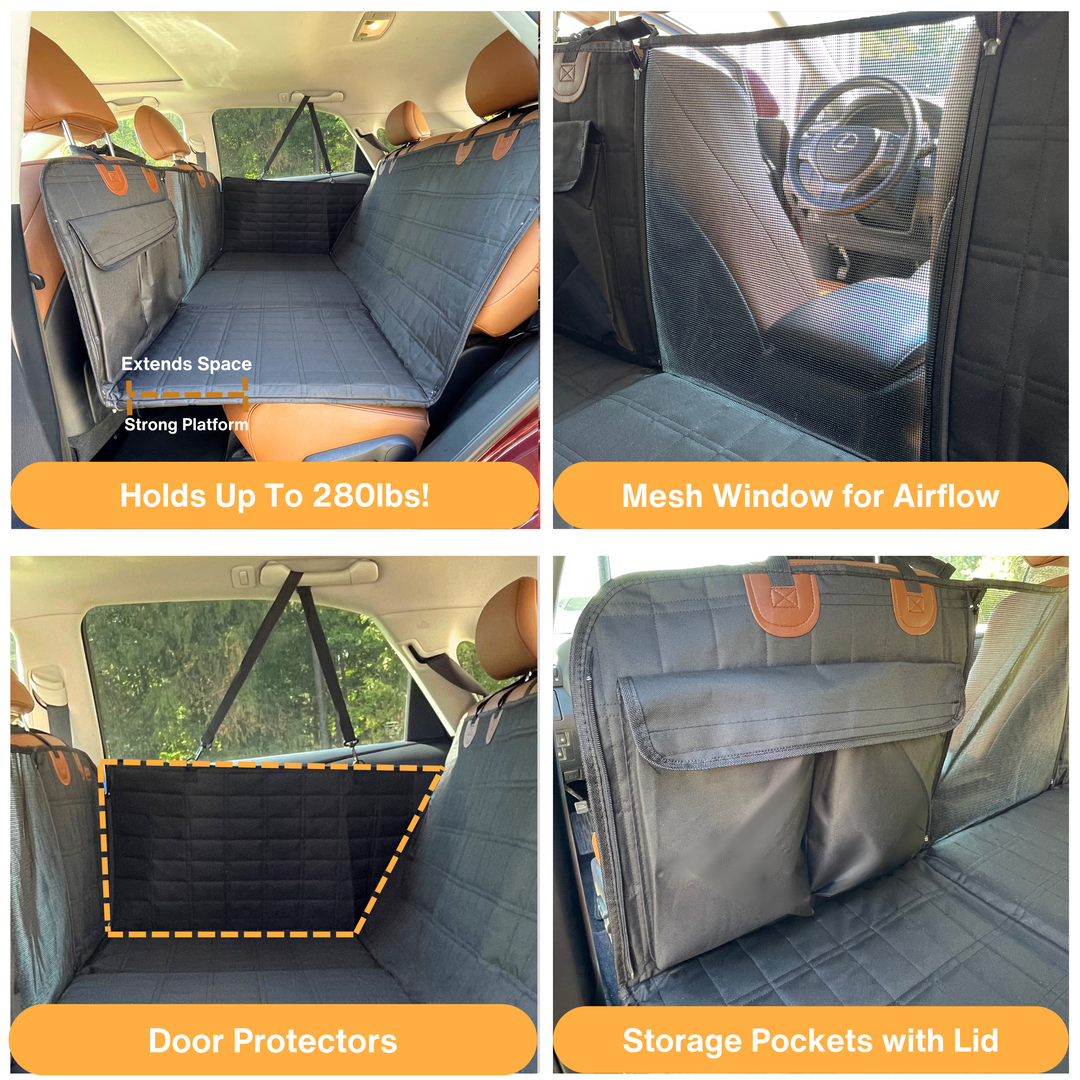 Machine washable black backseat extender & door covers protect car interior from dog mess.