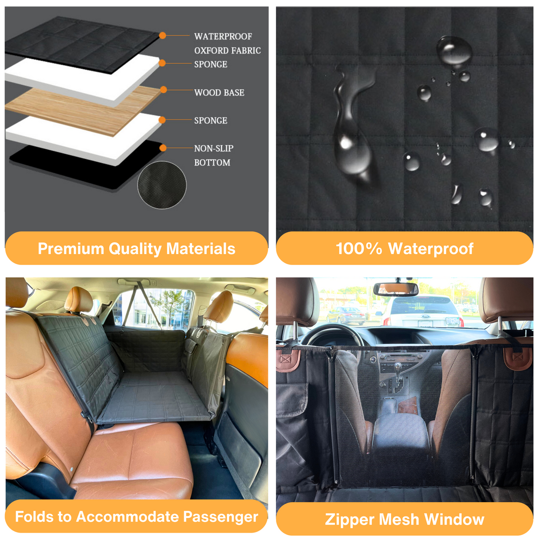 Durable black dog car seat extender and door guards for secure and clean pet road trips.