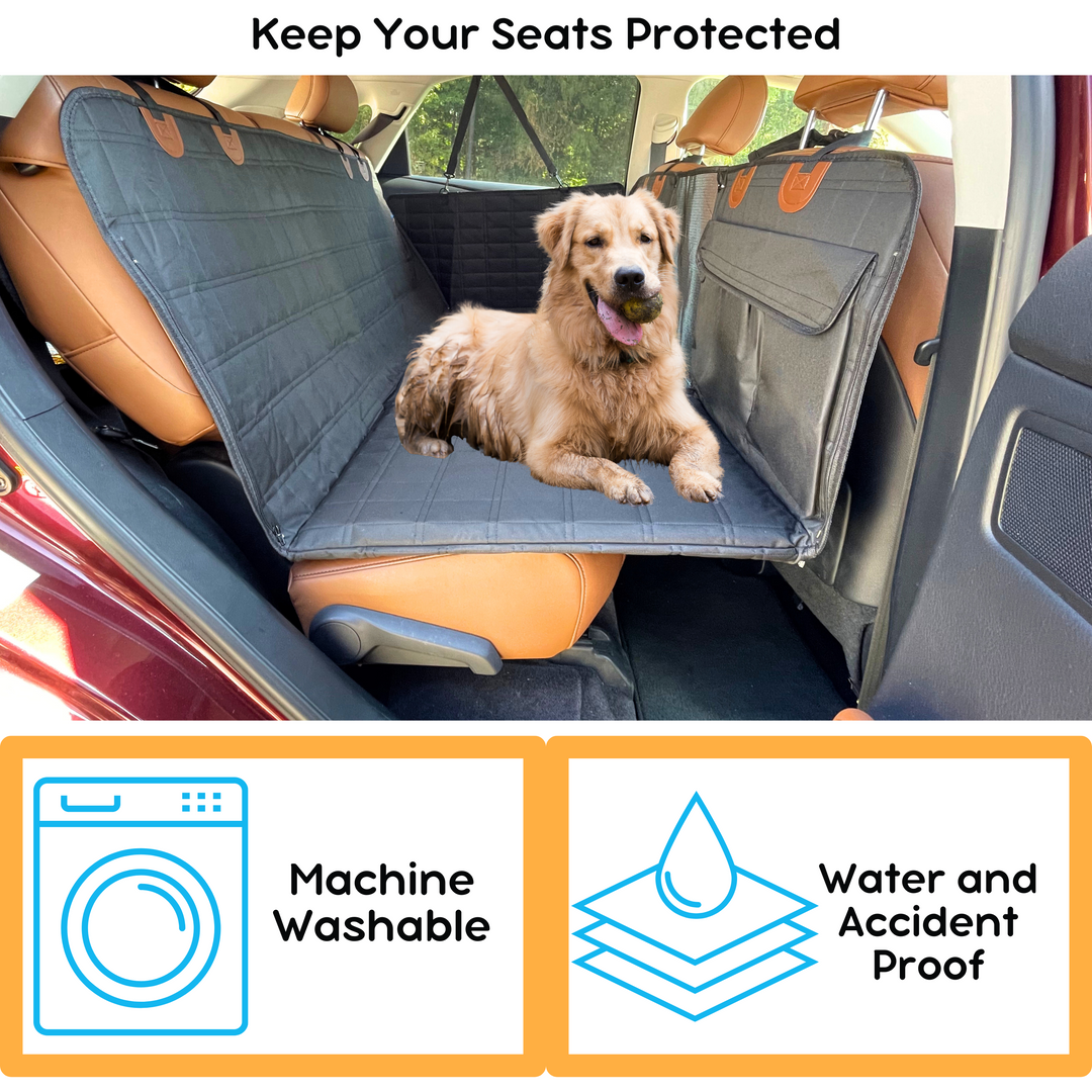 Black backseat extender creates a flat, secure surface for dogs in cars, with door protection.