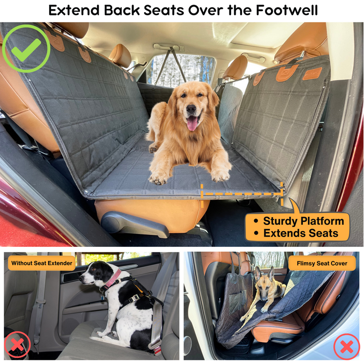 Waterproof, machine washable black pet car backseat extender with full door and seat coverage.