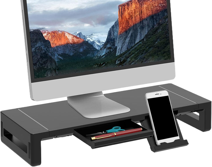Black ergonomic monitor stand with drawer & USB hub, raising screen for better posture