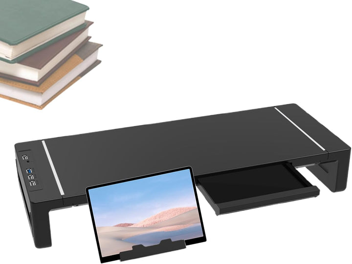 Height adjustable desk organizer monitor stand, featuring USB connectivity & storage