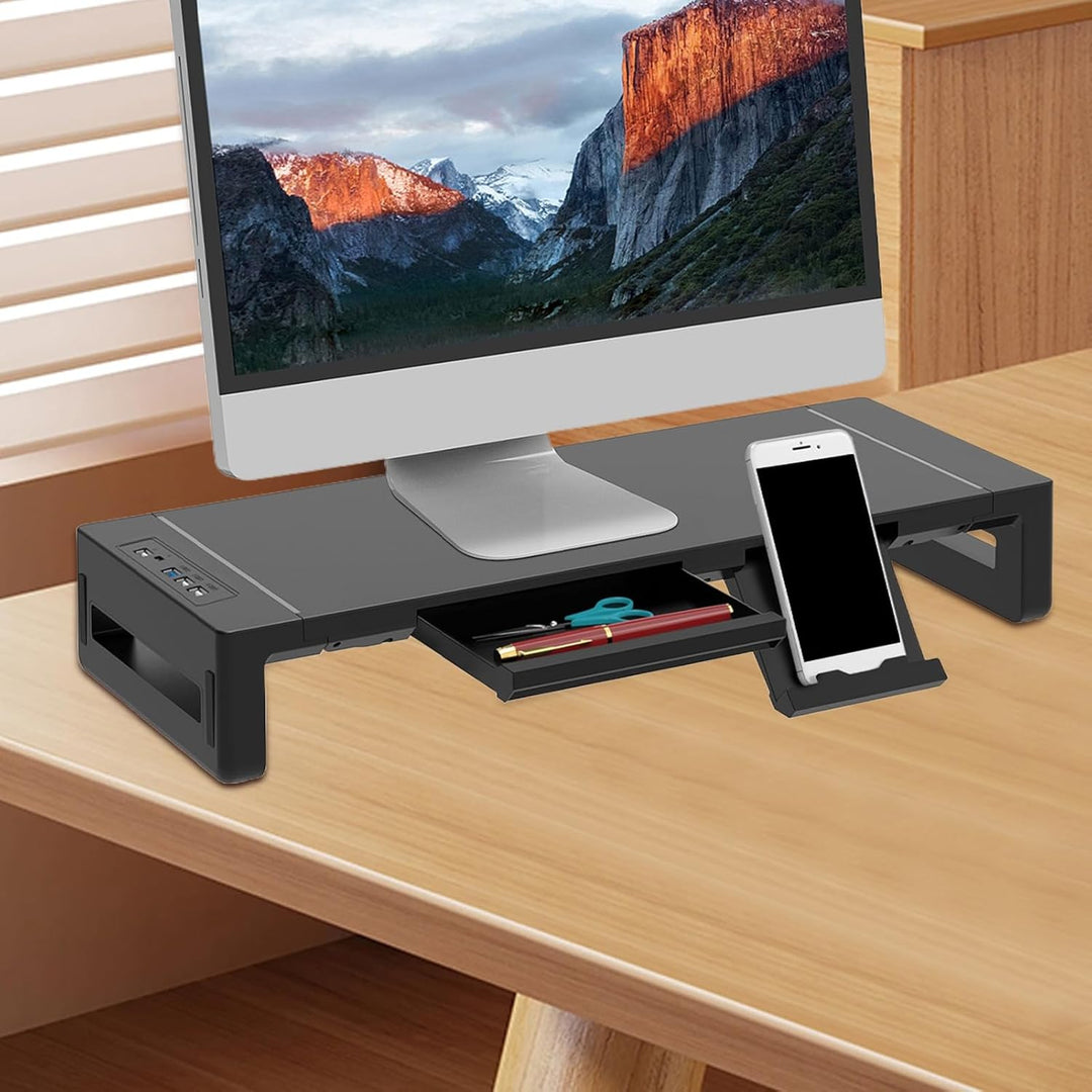 Compact monitor stand in black with drawer & USB hub, ideal for small workspaces