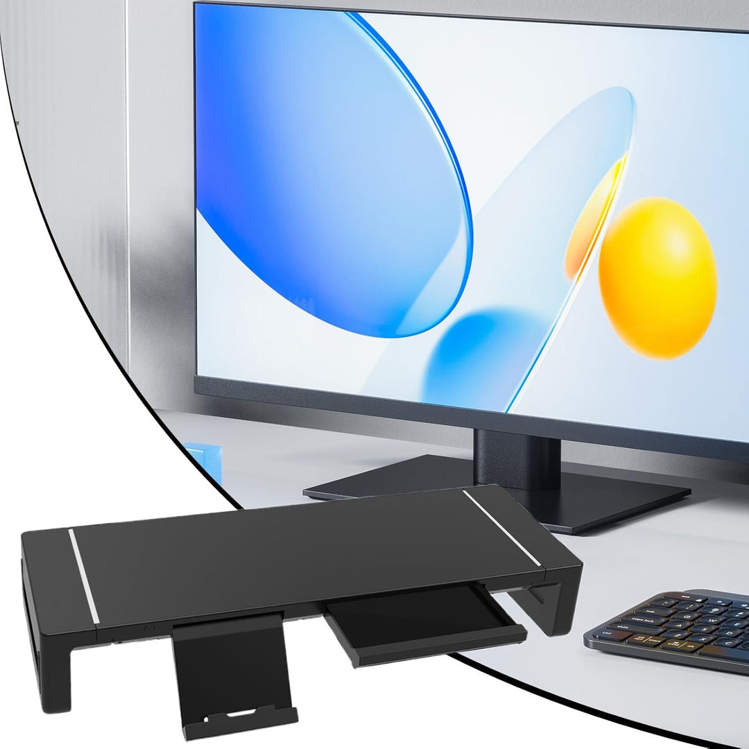Monitor stand with integrated USB hub and storage drawer, perfect for a tidy home office