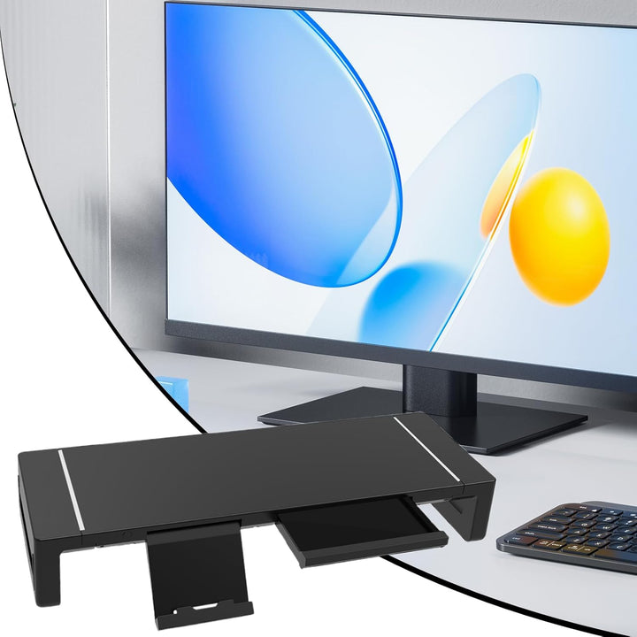 Monitor stand with integrated USB hub and storage drawer, perfect for a tidy home office