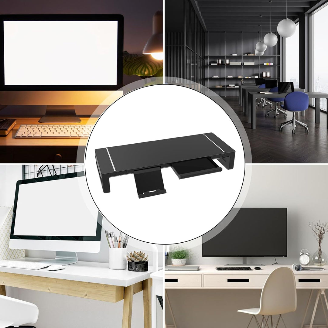 Computer accessory: ergonomic monitor stand to reduce neck strain, featuring a drawer