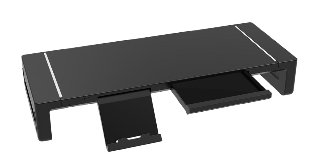 Desk organizer: black monitor stand with drawer and USB ports for efficient workspace