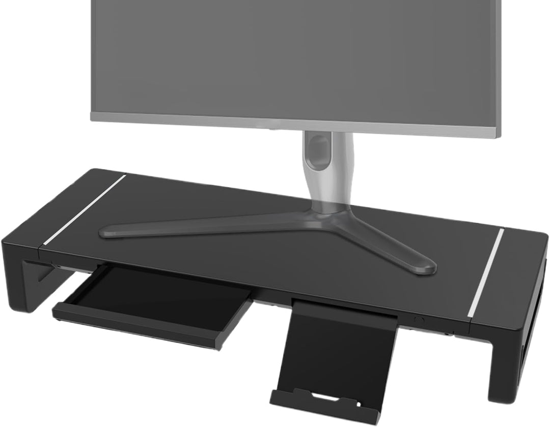 Stylish computer monitor stand with storage drawer & USB hub, enhancing desk setup