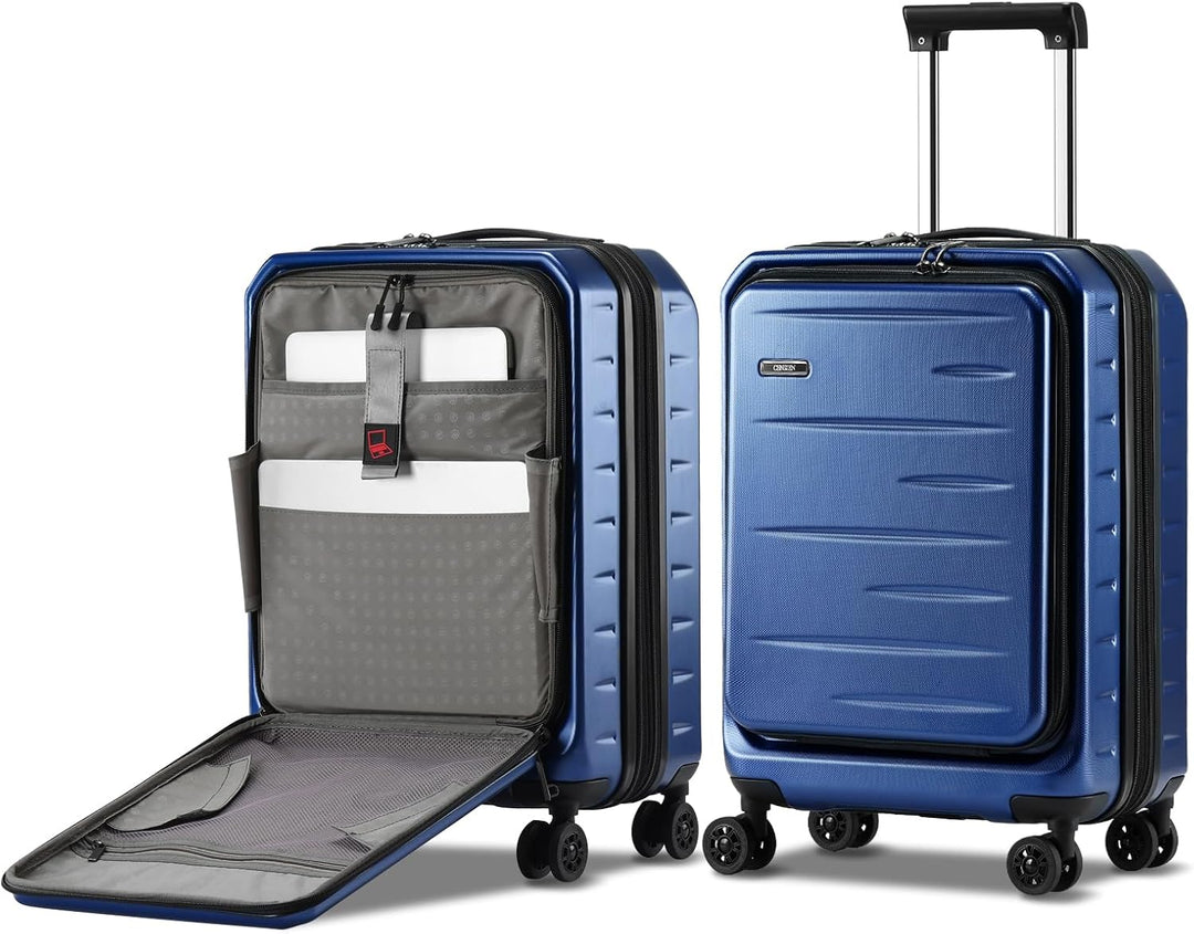 Modern grey hard shell carry-on, expandable, with a secure front pocket & TSA lock.