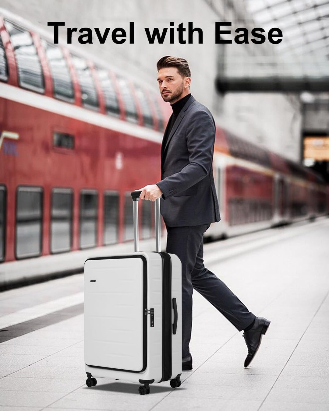 Side view of expandable hard shell carry-on, showing expansion zipper & telescopic handle.