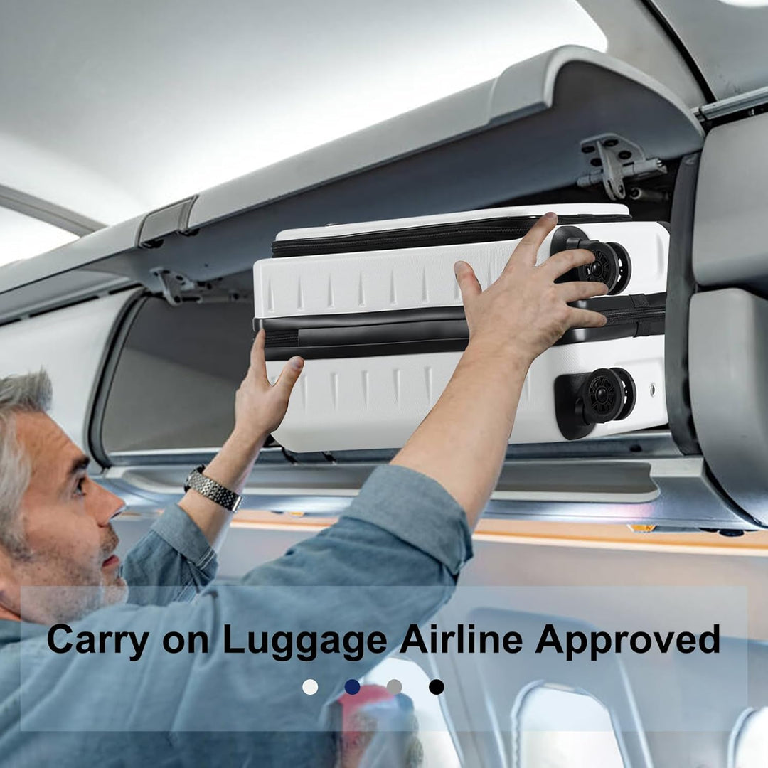 Open hard shell carry-on interior, showing packing straps & expandable capacity.