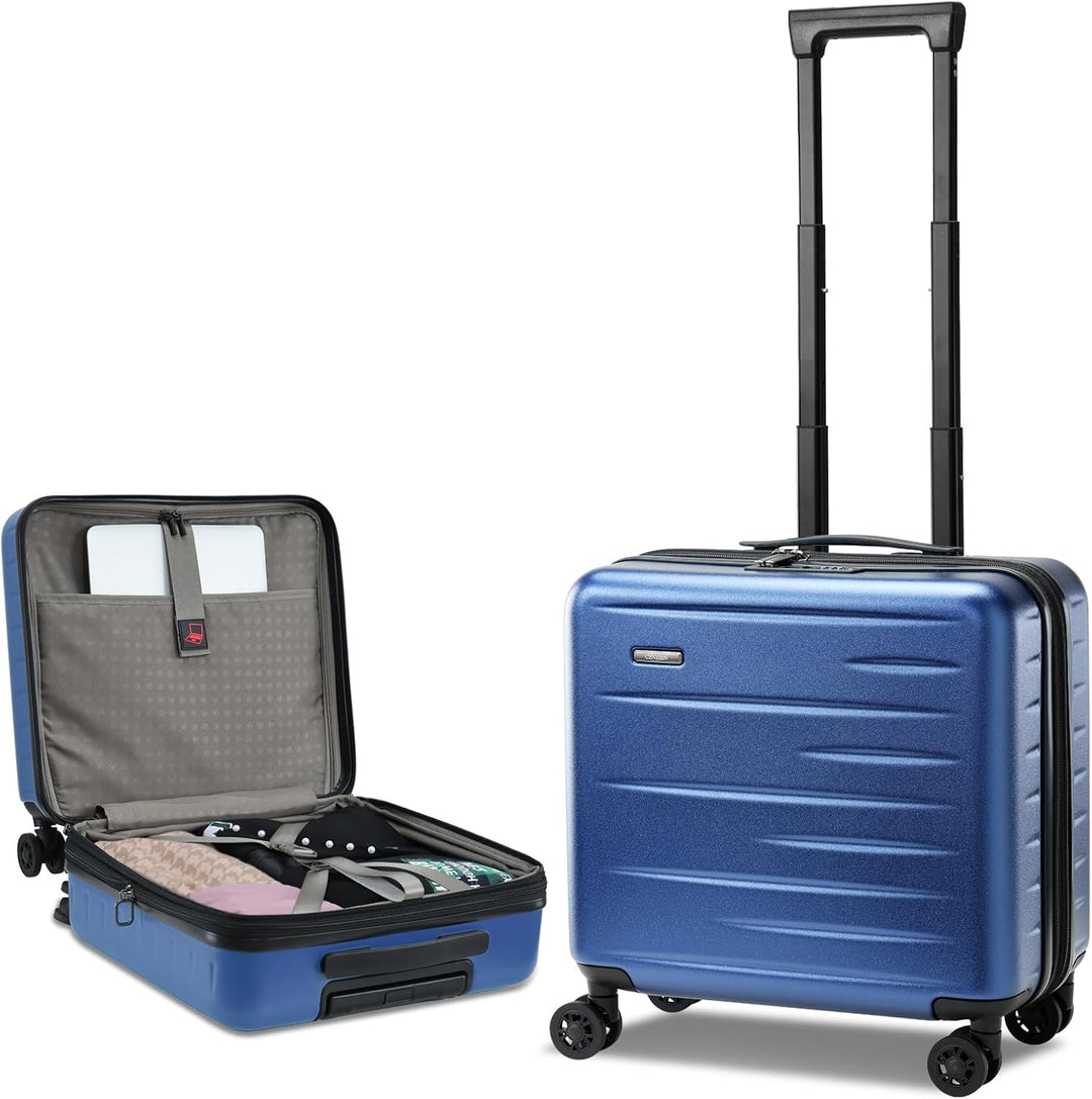 Stylish hard shell carry-on, expandable, with front pocket & TSA lock, set for a journey.