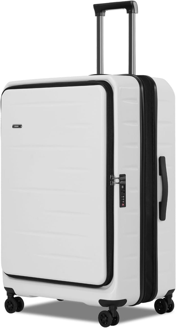 Secure hard shell carry-on with integrated TSA lock and quick-access front pocket, expandable.