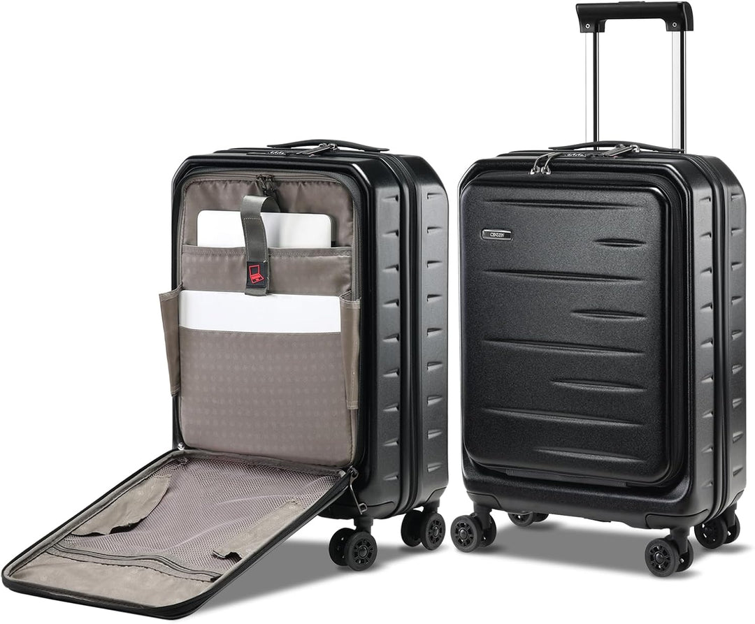 Impact-resistant hard shell carry-on, expandable, featuring a front pocket & TSA-approved lock.
