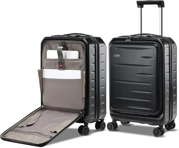 Impact-resistant hard shell carry-on, expandable, featuring a front pocket & TSA-approved lock.