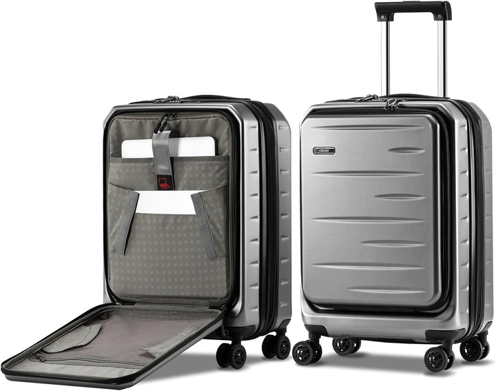 Compact travel carry-on luggage with front pocket, TSA lock, and expandable hard shell design.
