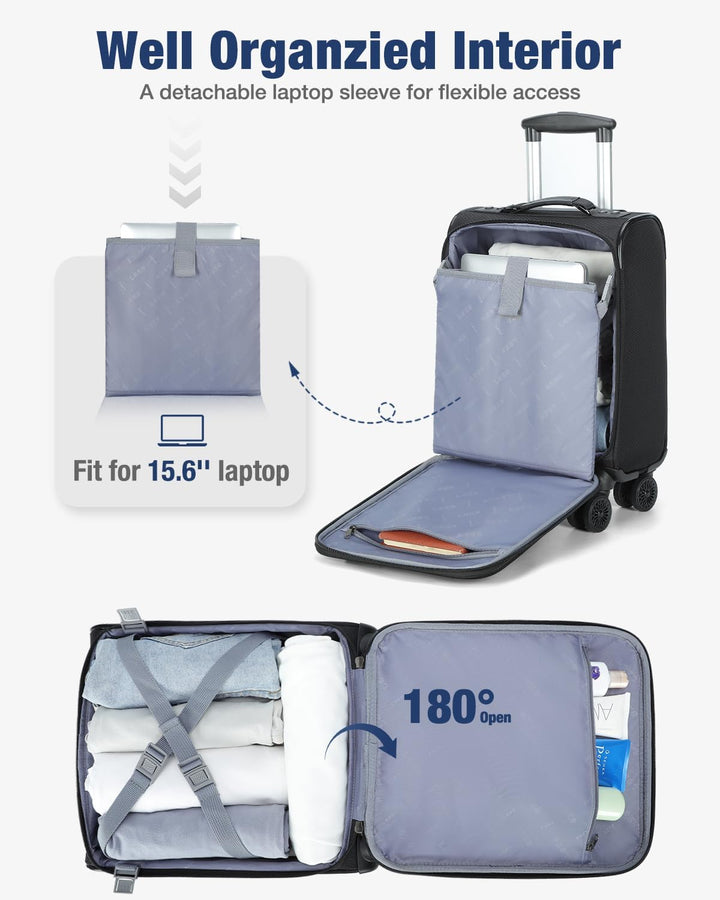 Airline approved softside luggage, expandable and unisex, featuring durable wheels for convenience