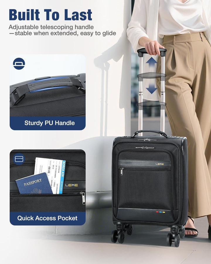 Compact black carry-on travel bag, softside, expandable, and equipped with wheels for effortless trips