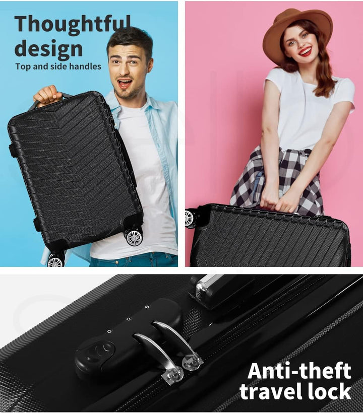 Stylish black hardshell compact carry-on suitcase, designed with silent 360° spinner wheels for easy navigation.