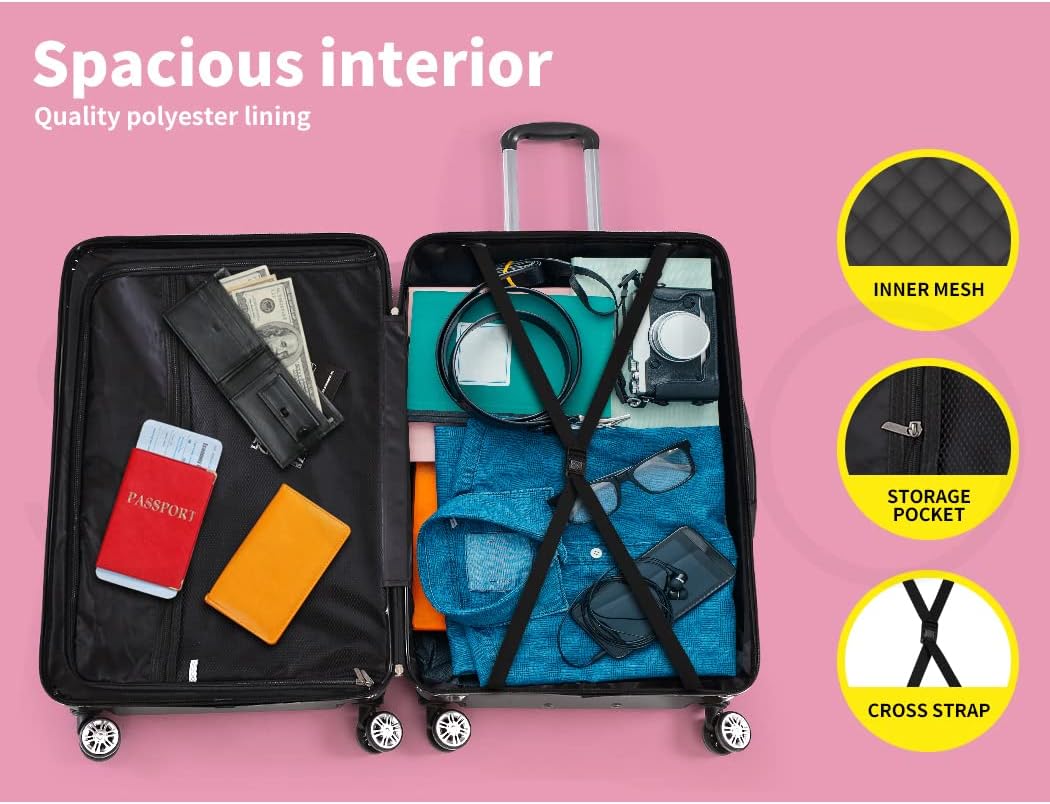 Robust black hardshell carry-on suitcase, ensuring secure storage and smooth movement with 360° spinner wheels.