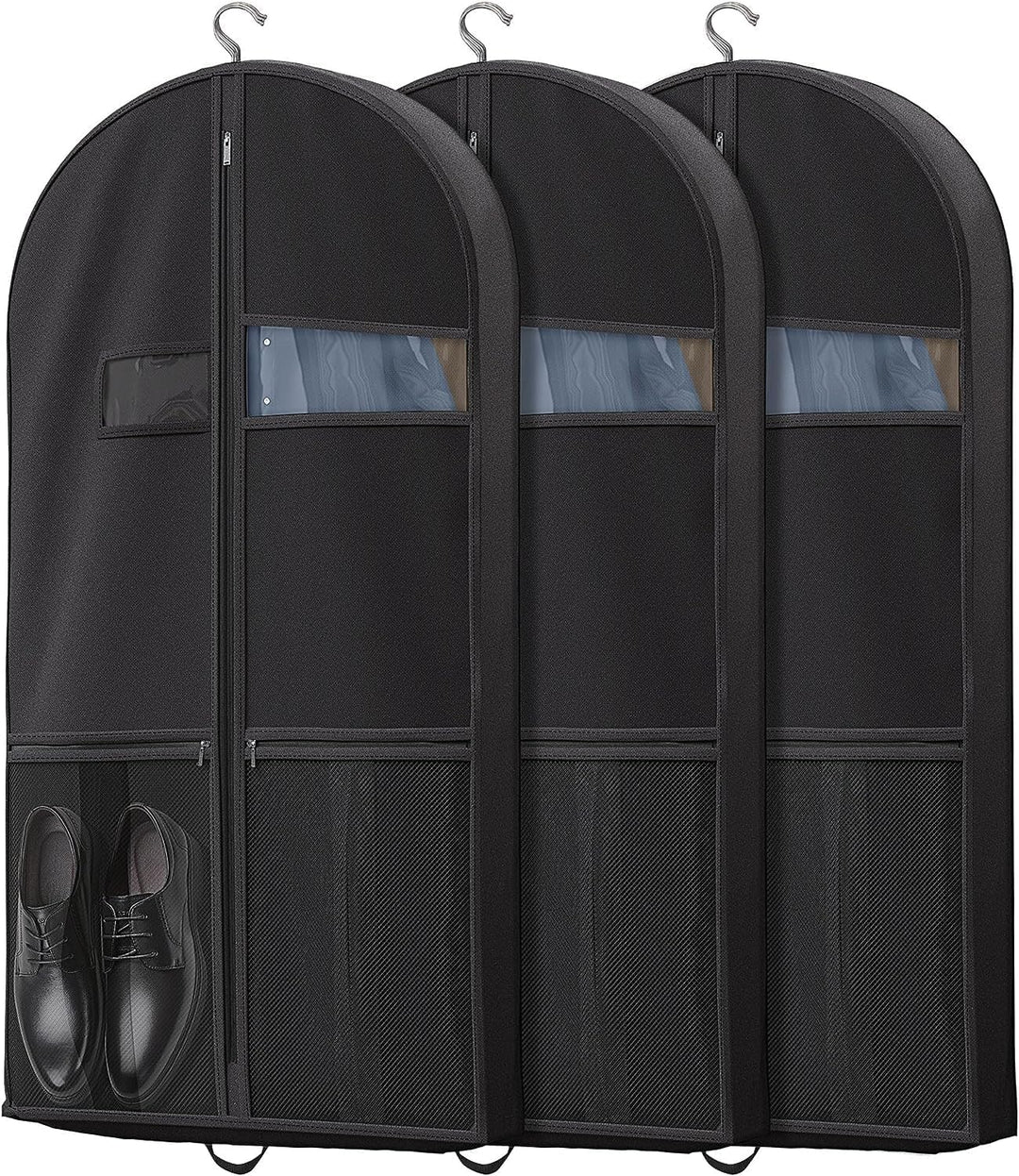 Black heavy-duty garment travel bag for suits and dresses with clear window