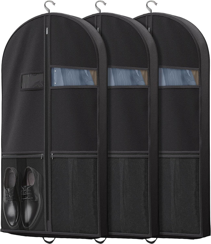 Black heavy-duty garment travel bag for suits and dresses with clear window