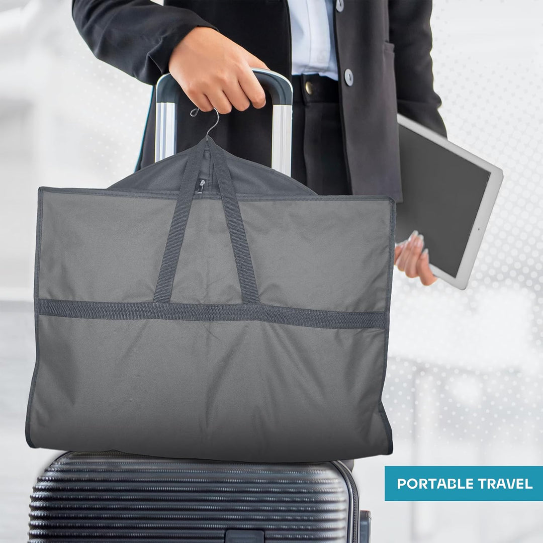 Garment bag holding a long dress, keeping it wrinkle-free during travel