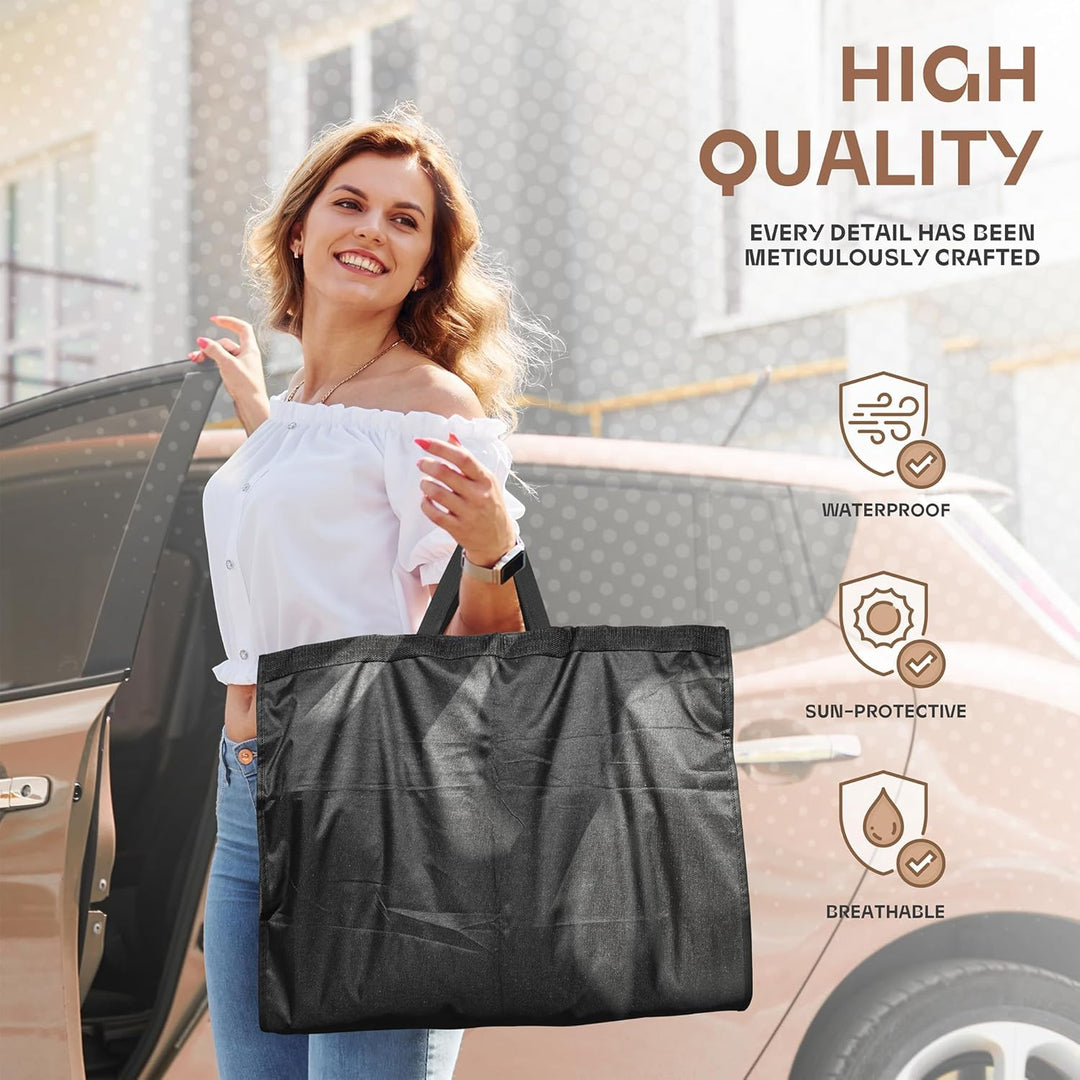 Open accessory pocket on a black travel garment bag, revealing storage space