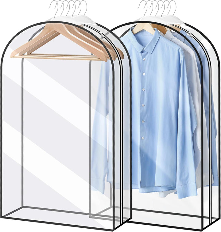 Clear plastic window on grey garment bag for quick identification of contents