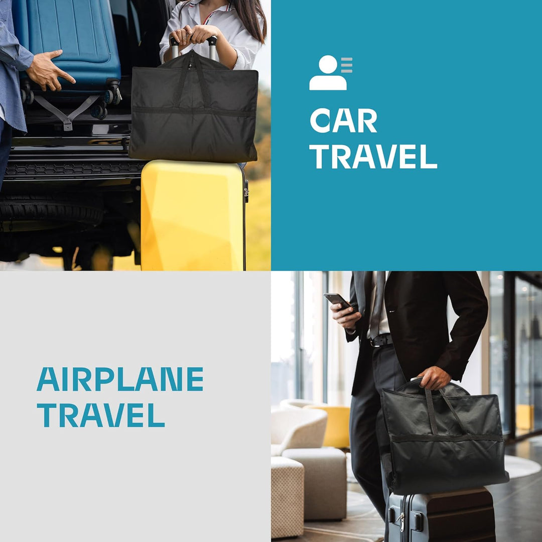 Open travel garment bag showing spacious interior for suits and dresses