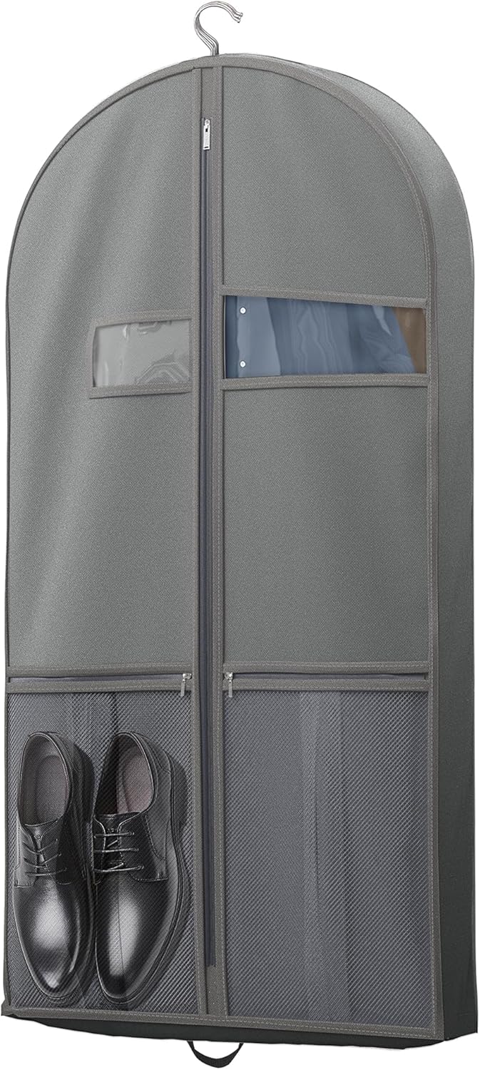 Clear window detail on grey garment travel bag, showcasing contents
