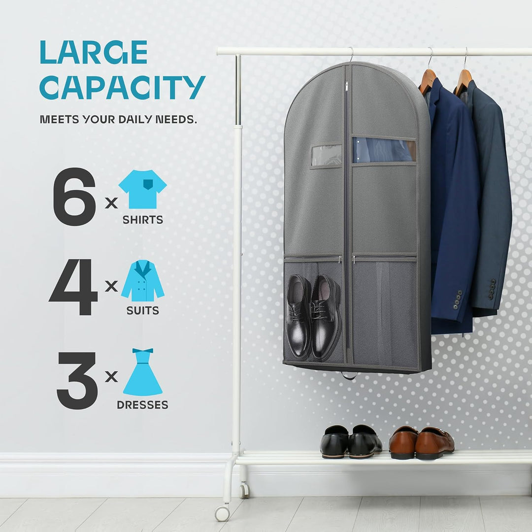 Accessory pockets on black travel bag, perfect for ties, belts, or shoes