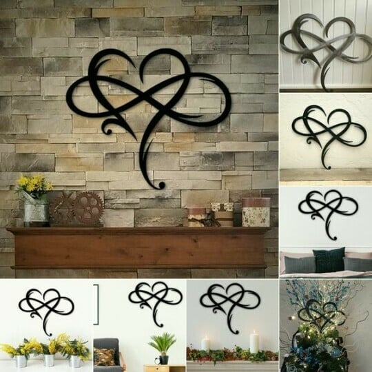 Unique Infinity Heart metal wall art, an ideal romantic gift and modern home decor accent in black finish.
