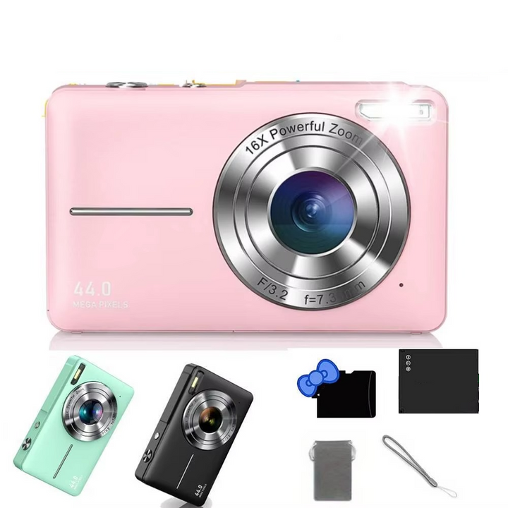 Black kids digital camera, 44MP 1080P HD with 16X zoom, perfect for young photographers.