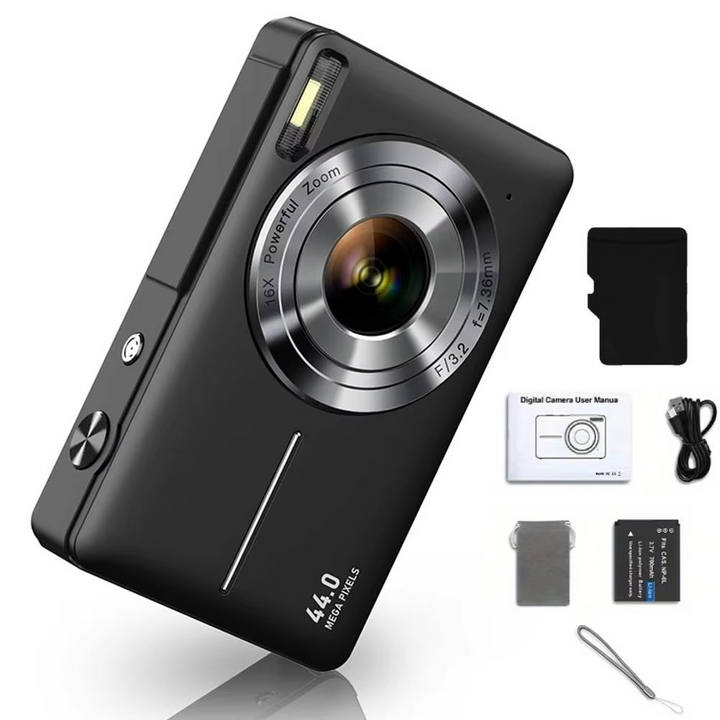 Beginner-friendly black kids digital camera, 44MP 1080P HD with 16X zoom, a fun gift for kids.