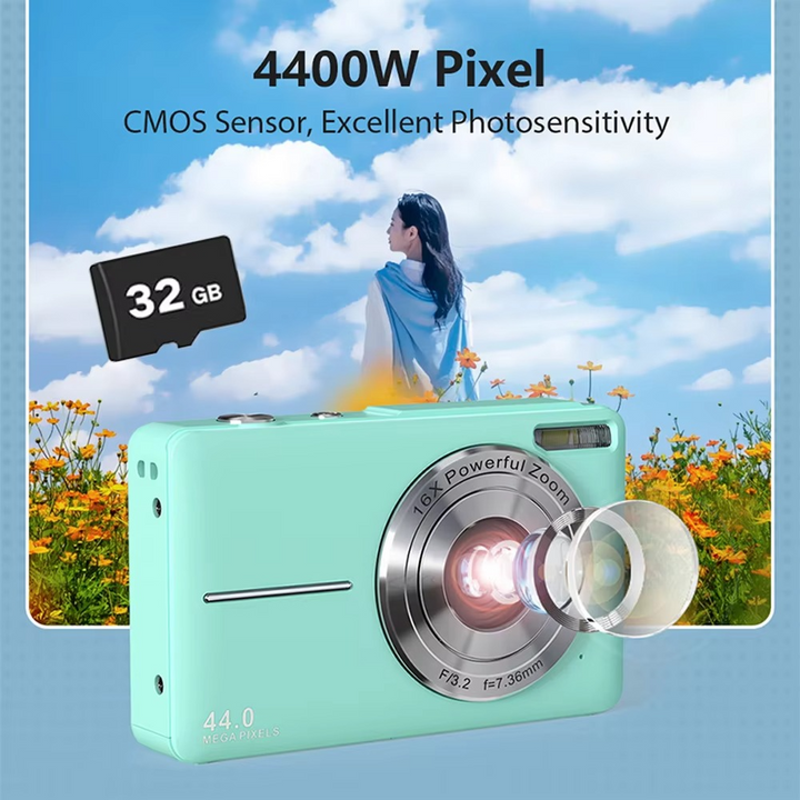 Pink mini digital camera for kids, 44MP, 1080P HD video, and 16X zoom. Great beginner gift.