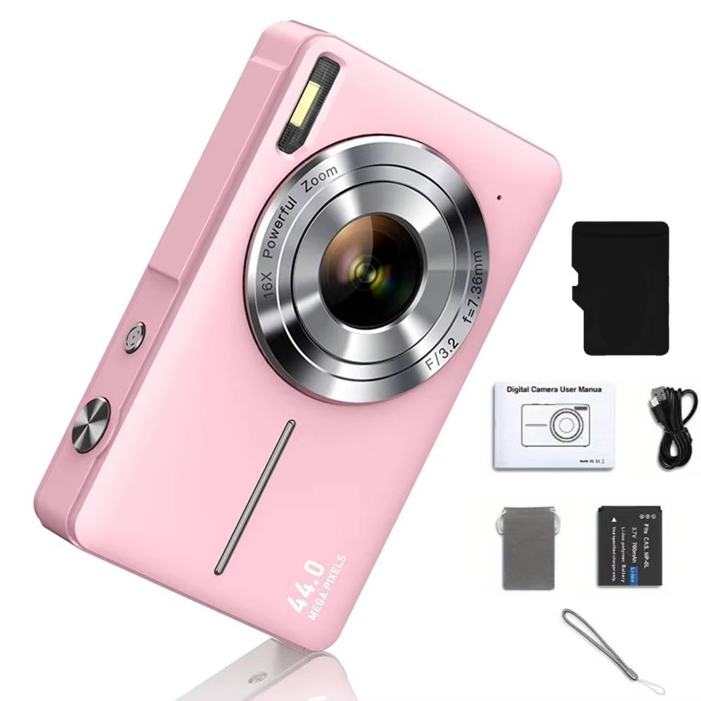 Easy-to-use green kids camera, 44MP 1080P HD, 16X zoom, ideal for young learners.