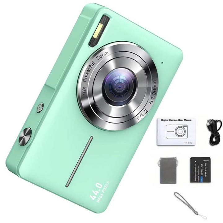 Mini pink kids digital camera, 44MP, 1080P HD, 16X zoom, lightweight and fun for young explorers.