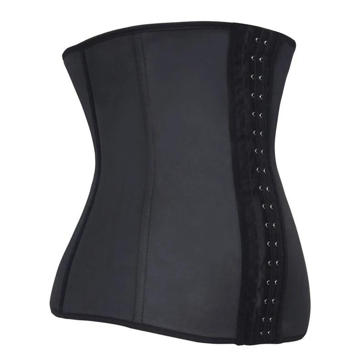 Durable black latex faja for women, offering firm tummy control and waist reduction for an hourglass figure.