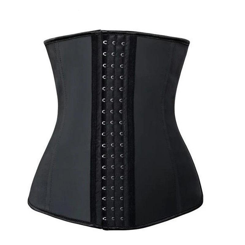 High-compression black latex waist trainer, specifically for women aiming for a dramatic hourglass shape.