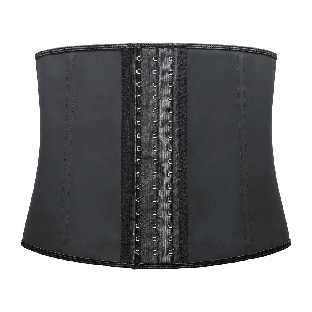 Black latex corset-style waist trainer, crafted to sculpt and enhance a woman's hourglass figure.