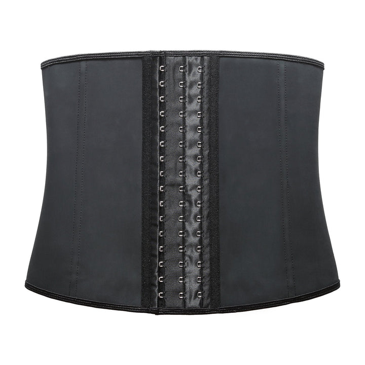 Black latex corset-style waist trainer, crafted to sculpt and enhance a woman's hourglass figure.