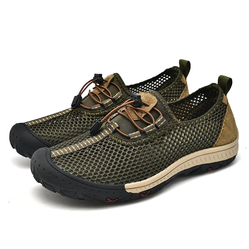 Khaki men's comfortable slip-on loafers with flexible, non-slip sole. Perfect lightweight footwear for summer casual style.