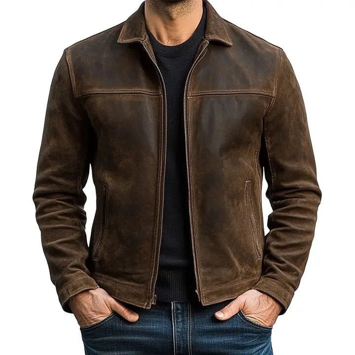 Black men's classic biker jacket with zip-up front. Stylish long sleeve outerwear for men's fashion.