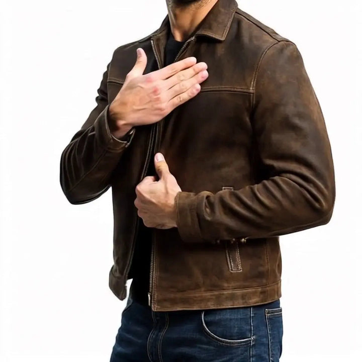 Brown men's biker jacket, zip-up style. Versatile long sleeve outerwear perfect for smart casual wear.